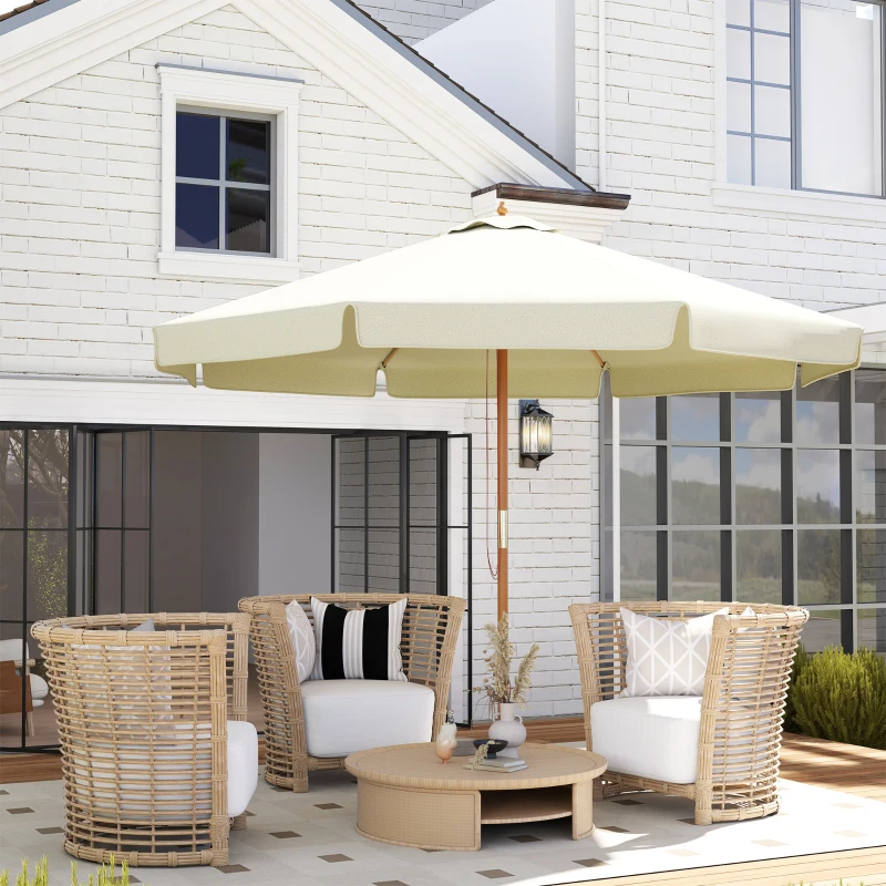 Outsunny 3.3(m) Patio Umbrella, Garden Parasol, Outdoor Sun Shade Canopy with 8 Bamboo Ribs, Ruffles and Wood Pole, Beige