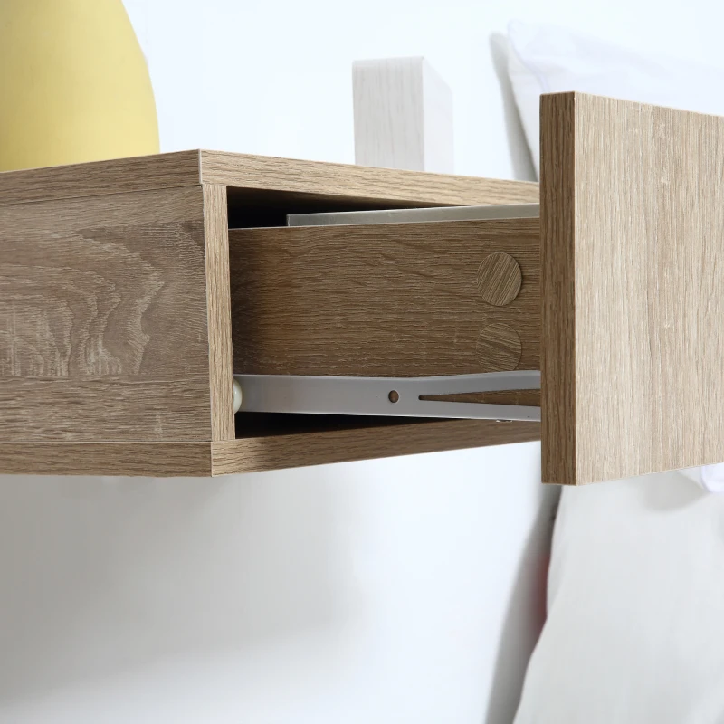 HOMCOM Set of 2 Wall-Mounted Nightstands - Set of 2 Nightstands - Sliding Drawer, Top Surface - Particleboard Light Oak Finish