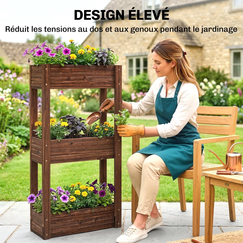 Outsunny Bac à Plantes Surélevé Jardinière sur Pieds 3 Niveaux Trous de Drainage et Doublure 60 x 25 x 120 cm, Marron