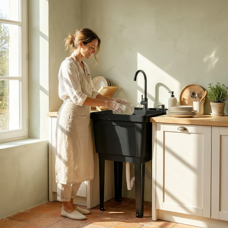 Outsunny Tragbares Camping-Waschbecken mit Seifenspender, Wasserhahn, Einlass- und Ablaufschläuchen, Schwarz
