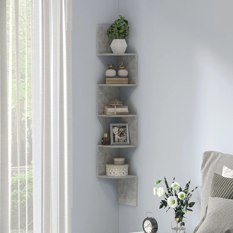 HOMCOM Étagère d'angle Murale de Rangement Forme Zigzag 20L x 20l x 126H cm 5 Niveaux Bois Gris