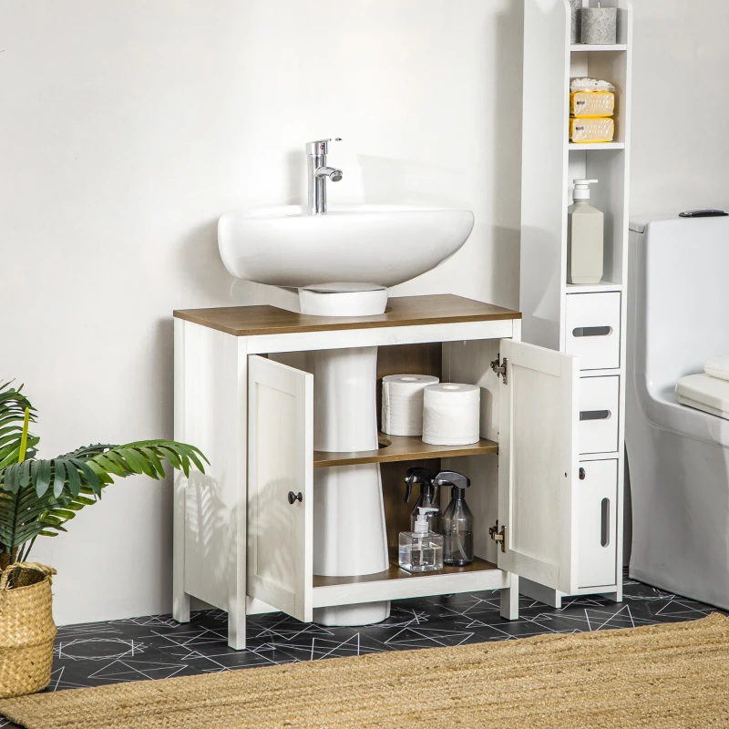 kleankin Under-Sink Bathroom Cabinet 2 Doors with Shelf 60 x 30 x 60 cm White & Wood Effect