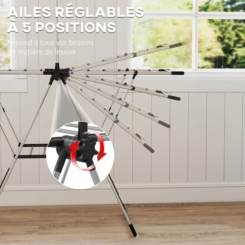 HOMCOM Séchoir à linge étendoir pliable, ailes réglables 5 niveaux, 4 supports à chaussures, acier inoxydable, argenté