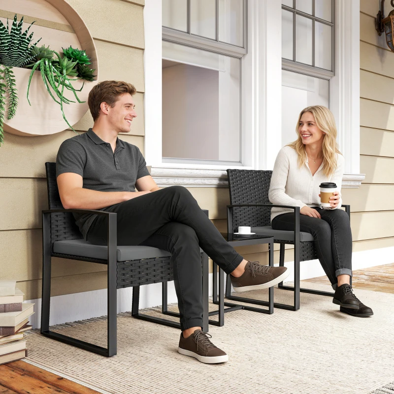 Outsunny Rattan Bistroset, 3 teiliges Gartenmöbel-Set mit 2 Gartenstühlen, Couchtisch, abnehmbar Kissen Dunkelgrau