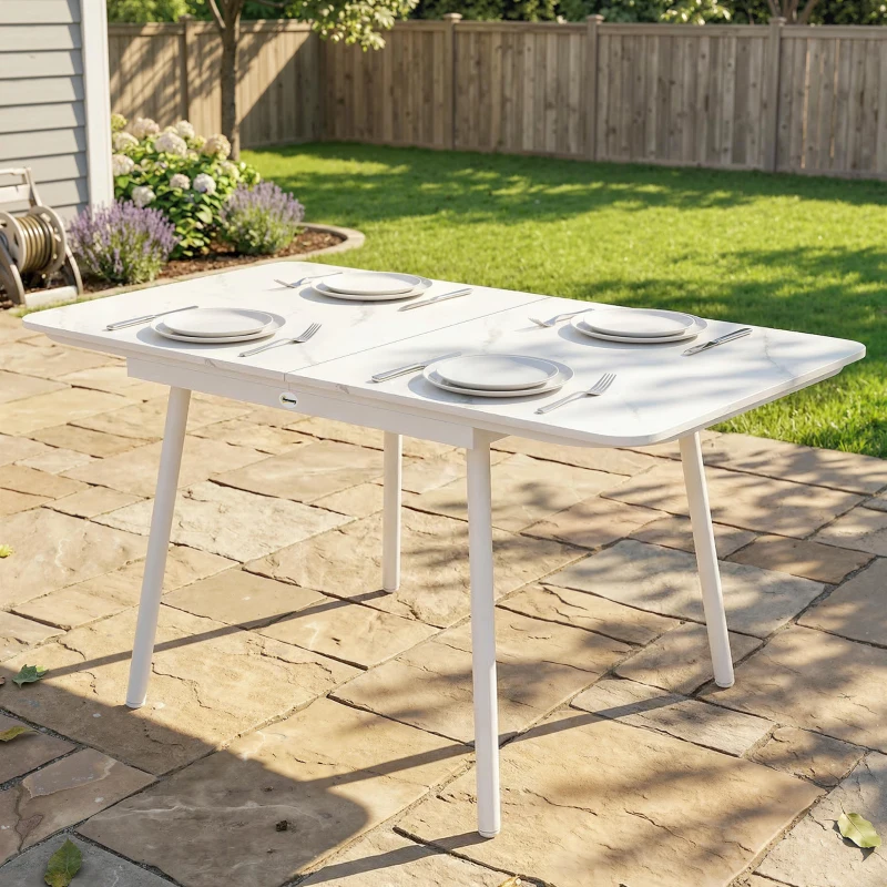 Outsunny Mesa de Jardín Rectangular para 4-6 Personas, Tablero en WPC y Estructura de Metal, Patas Regulables, 140x80x75cm, Blanco