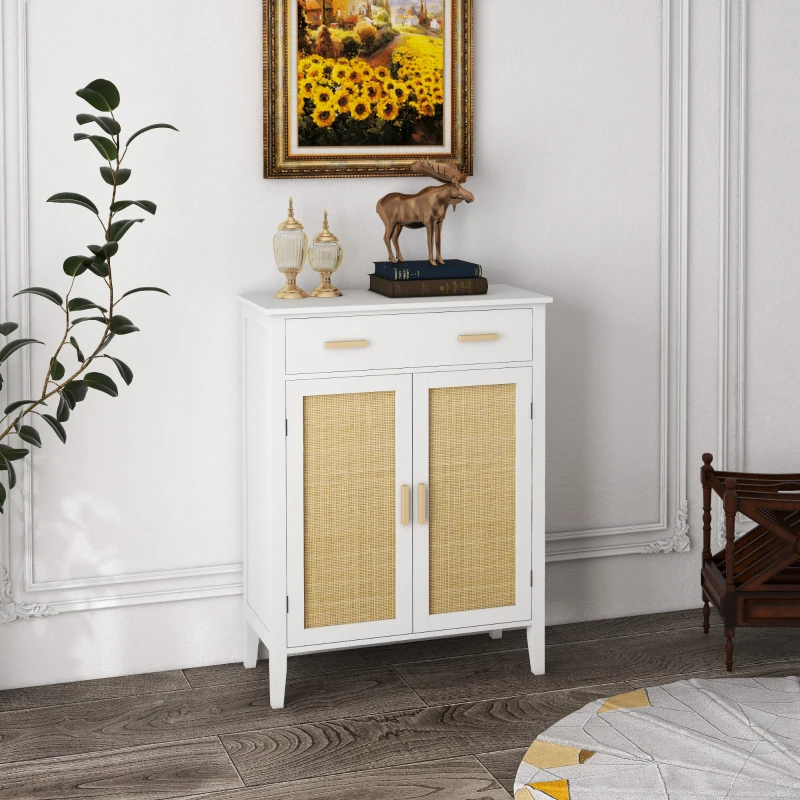 HOMCOM Meuble à chaussures rangement avec 2 portes effet cannage tiroir 80 x 35 x 110 cm blanc