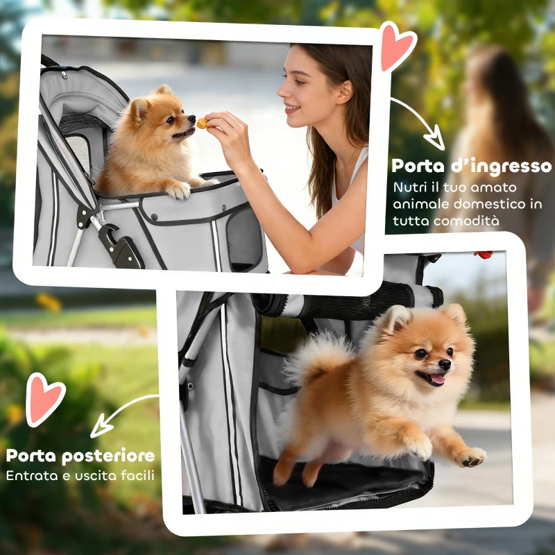 PawHut Passeggino per Cani Pieghevole con Copertura Antipioggia, Ruote Girevoli e Cuscino Lavabile, Grigio