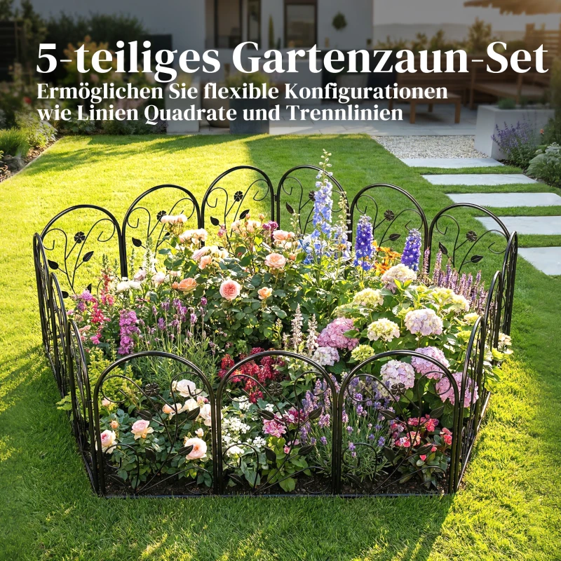 Outsunny Gartenzaun Zaun aus Metall 80 x 60 cm Dekorativer Gitterzaun Set mit Fuß für Garten Blumenbeete Tierbarriere Schwarz