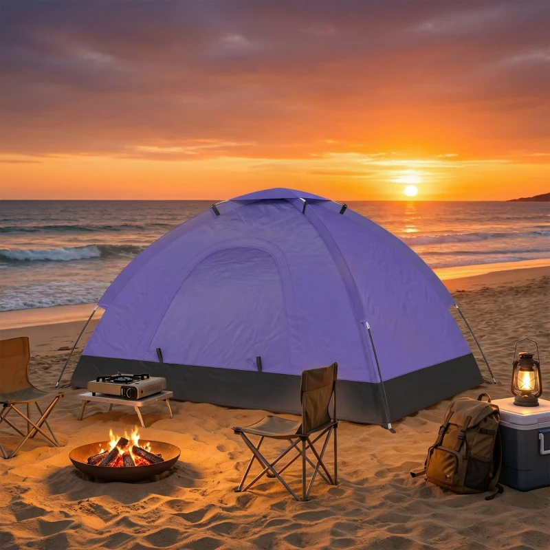Outsunny 2 Person Camping Tent, Dome Tent with Zipped Doors, Storage Pocket, Portable Handy Bag, Light Purple