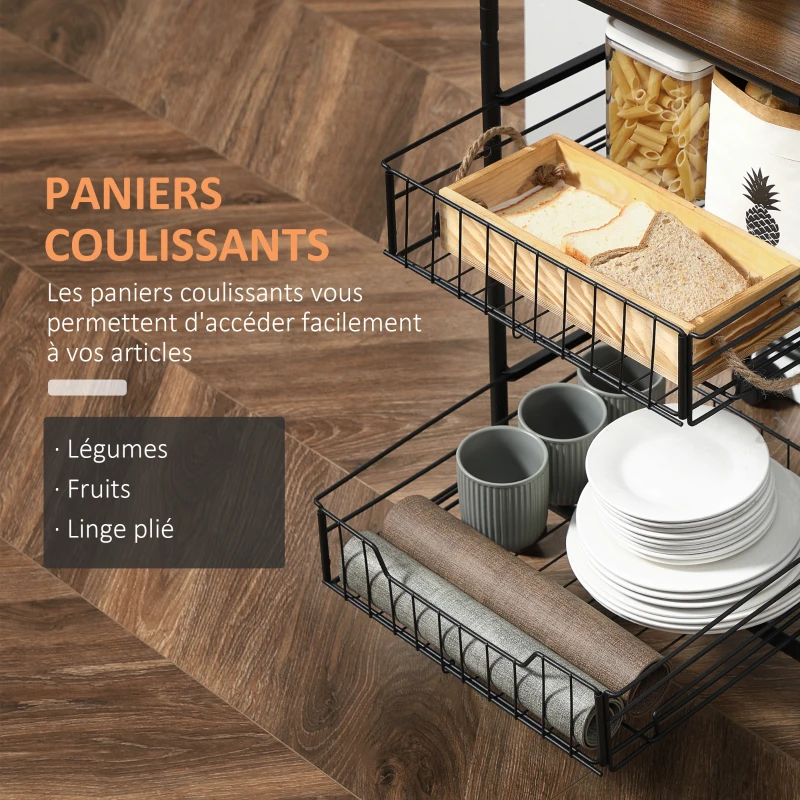 HOMCOM 4-Tier Rolling Kitchen Cart with 2 Baskets, Shelves and Side Hooks, 40 x 38 x 111 cm, walnut