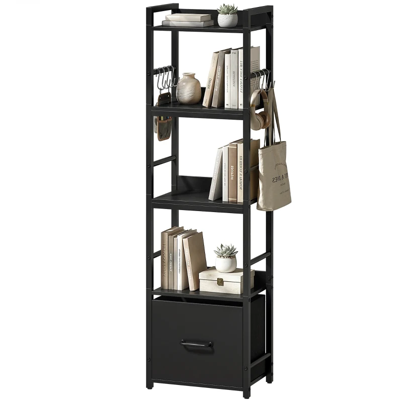 HOMCOM 4-Tier Bookshelf, Narrow Bookcase with Drawer, 8 Hooks, Metal Frame, Black
