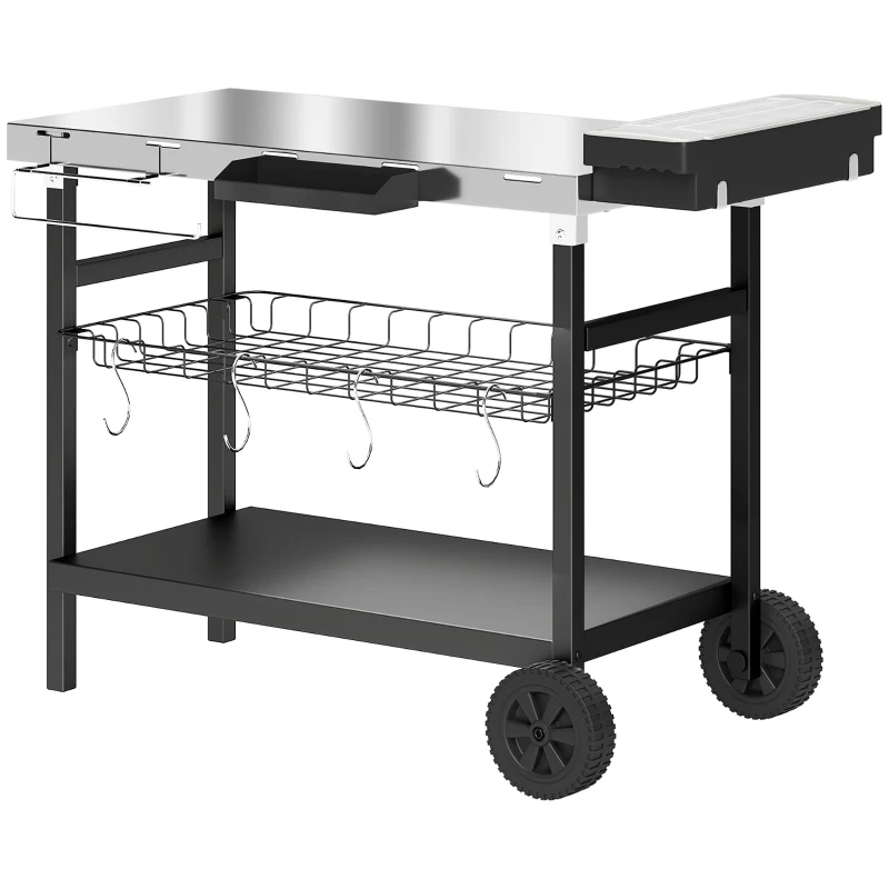 Outsunny Carrinho de Jardim de 3 Níveis, Tampo em Aço Inoxidável, Rodas, Ganchos, Cesto Removível, Pega Lateral, 114x61x81cm, Preto