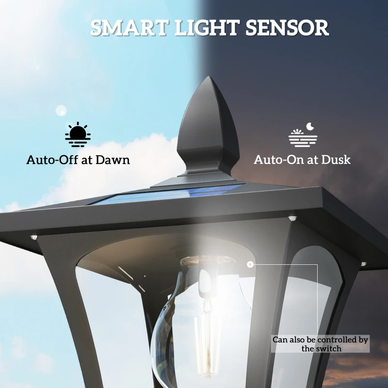 Outsunny Solarna lampa ogrodowa, odporna na warunki atmosferyczne, wysokość 160 cm, LED, 10 godz. oświetlenia, IP44, zewnętrzna, Czarna