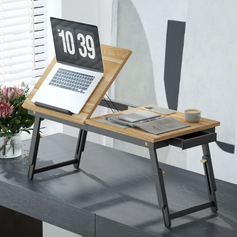 HOMCOM Table de lit pliable et réglable, plateau de lit pour ordinateur portable en bambou - plateau inclinable, tiroir, chêne