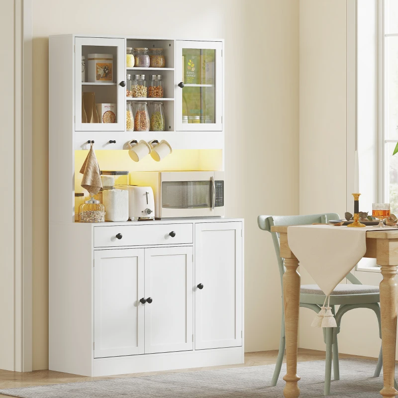 HOMCOM Meuble de rangement avec éclairage LED, placards et tiroir, portes vitrées, télécommande inclus, blanc