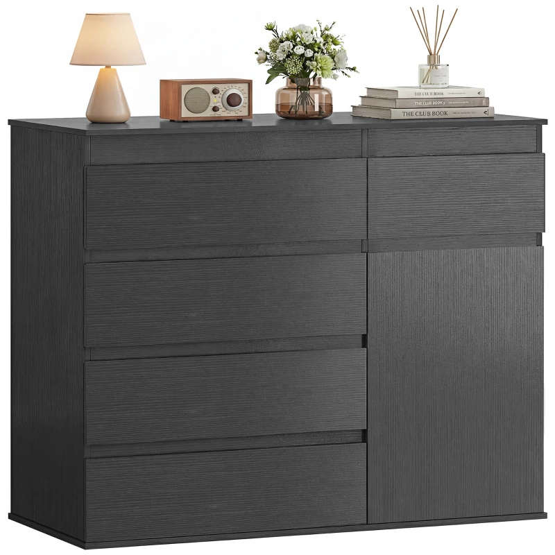 HOMCOM Modern Sideboard, Sideboard Storage Cabinet with 5 Drawers, Adjustable Shelf, Soft-Close Door, Black