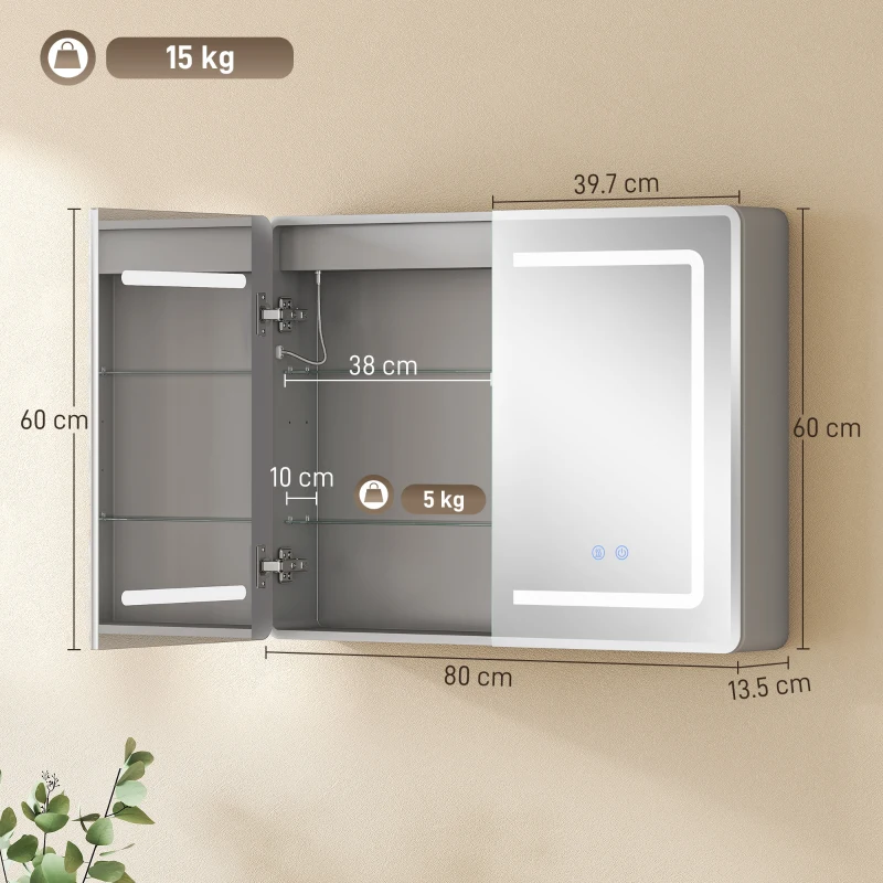 HOMCOM Mirrored Bathroom Cabinet with LED Lights, 60 x 80 cm Bathroom Mirror Cabinet with Anti-Fog, 3 Colour Dimmable Lighting