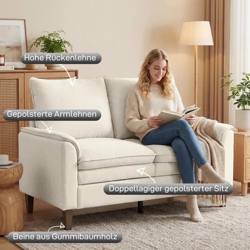 HOMCOM 146 cm Zweisitzer Sofa, Chenille-Sofa mit doppellagiger Polsterung, Federkissen, tiefem Sitz, hoher Rückenlehne, Creme