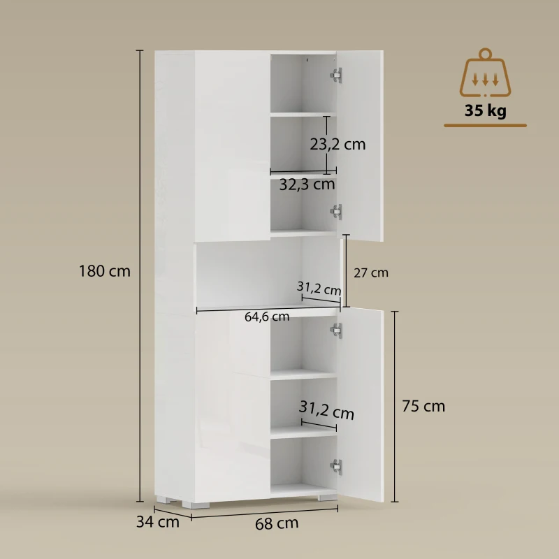 HOMCOM Buffet haut cuisine, armoire de cuisine, 4 portes à fermeture douce et étagères réglables, 68x34x180cm, blanc brillant
