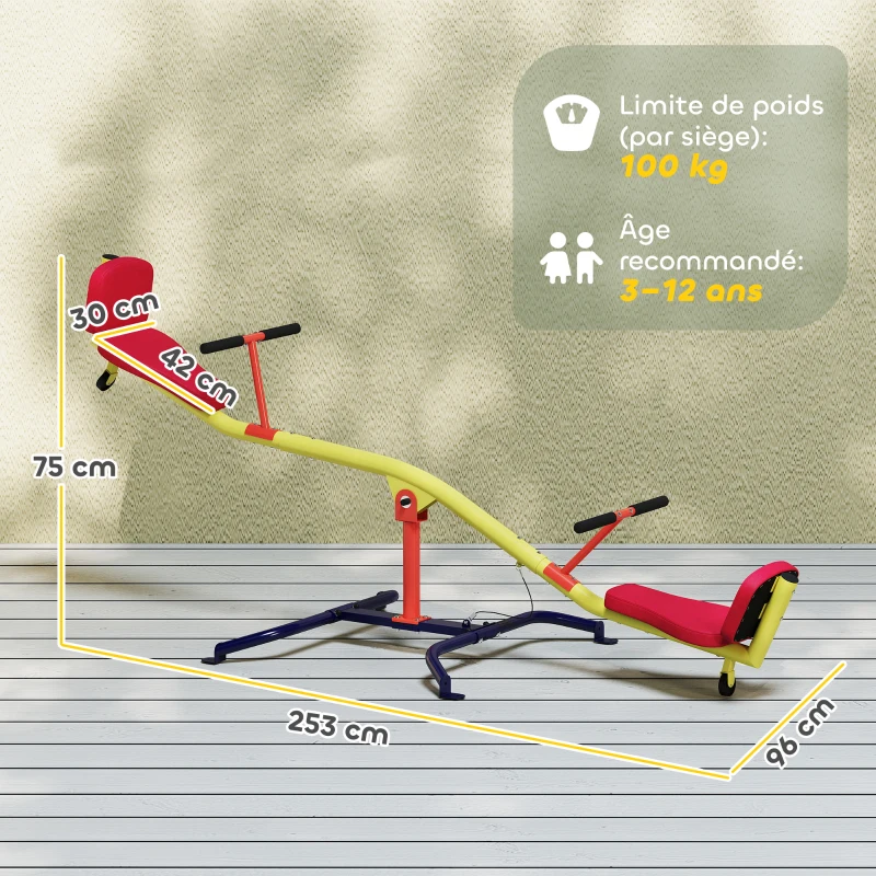 AIYAPLAY Balançoire à bascule pour enfant 3 à 12 ans, trébuchet rotatif 360°, sièges rembourrés avec dossiers, multicolore