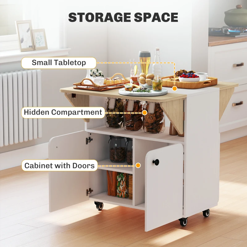 HOMCOM Folding Dining Table, Rolling Drop Leaf Table with Hidden Shelf & Cabinet for Dining Room, Small Spaces, White