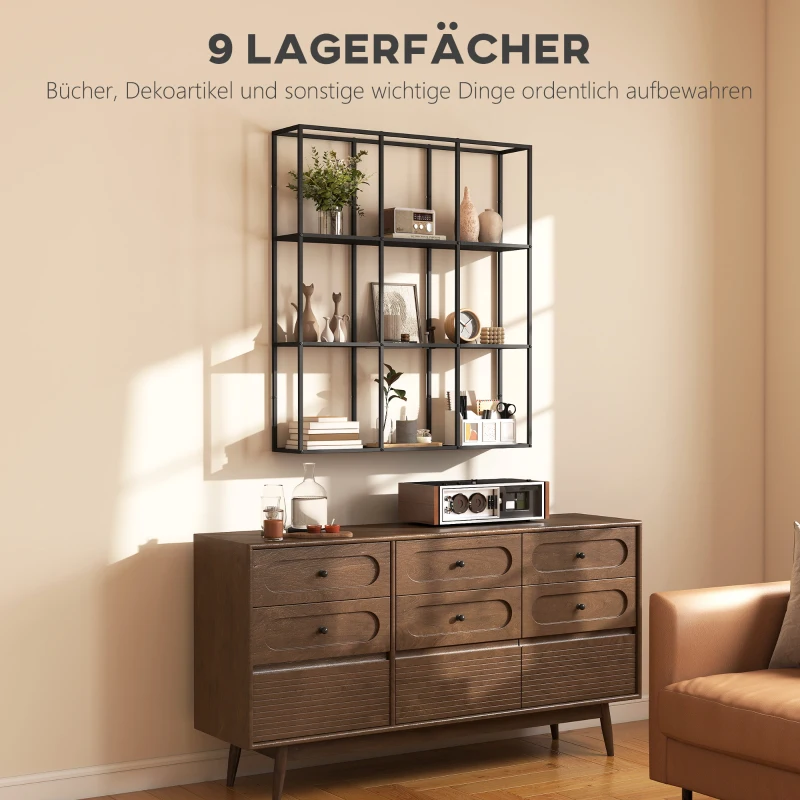 HOMCOM Industrielles Wandregal mit 9 Fächern, Metallregal für Sammlerstücke, Ideal für Wohnkultur, Schwarz