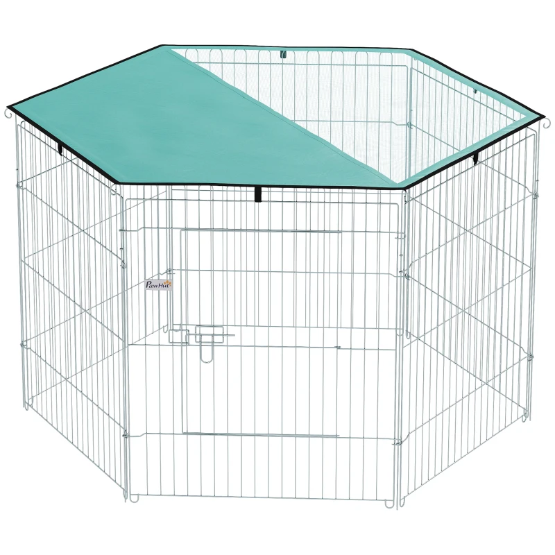 PawHut Parc pour chien, enclos chien 6 panneaux avec toit, modulable et pliable, enclos portable 76H cm avec porte argent vert