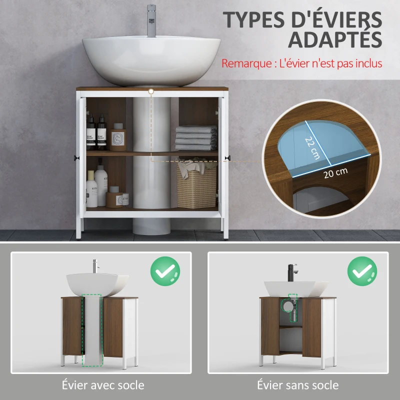 kleankin Under-Sink Bathroom Cabinet 2 Doors with Shelf 60 x 30 x 60 cm White & Wood Effect