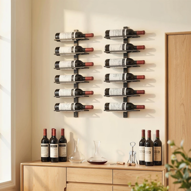 HOMCOM Wall Mounted Wine Rack, 6 Tier Metal Wine Display Rack, Storage Holder for Kitchen, Black