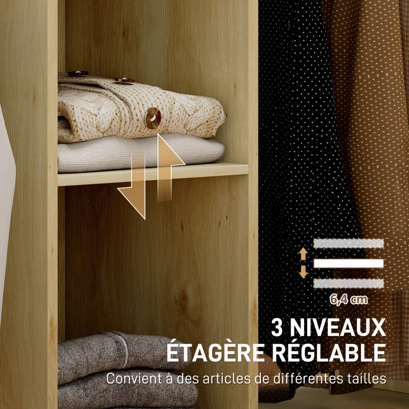 HOMCOM Armoire à repasser en bois table à repasser avec roulettes barre de suspension étagère 125 x 43,5 x 102,5 cm bois naturel