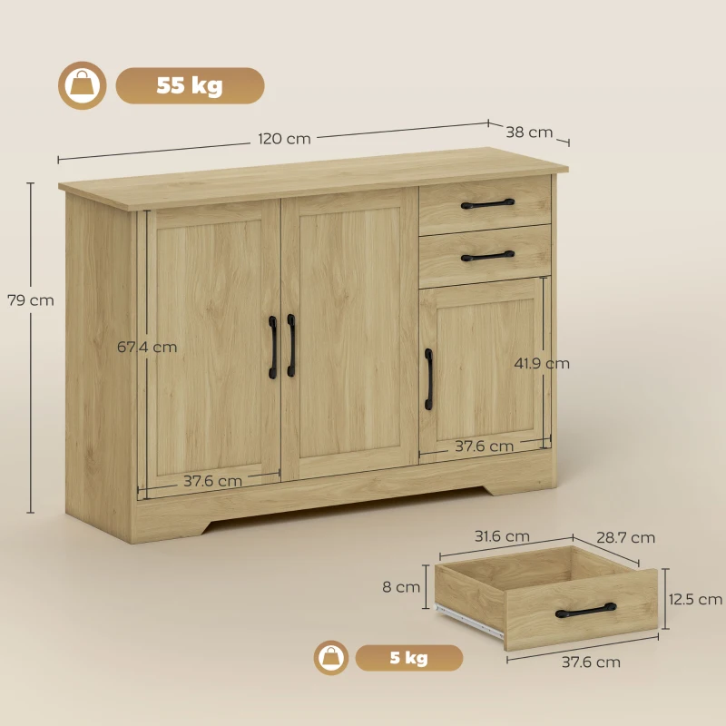 HOMCOM Sideboard with 2 Drawers Modern Storage Cabinet, Kitchen Cupboard with Adjustable Shelf and 3 Doors Natural