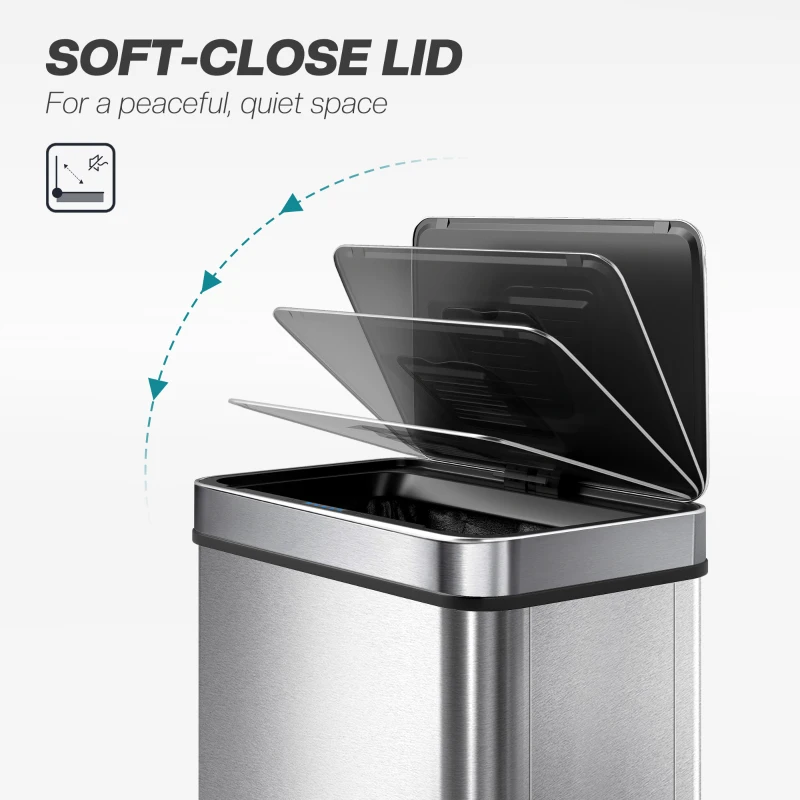 HOMCOM 50 L Sensor Can,  Sensor Bin with Soft-Close Lid, Fingerprint-Proof Stainless Steel, Silver Tone