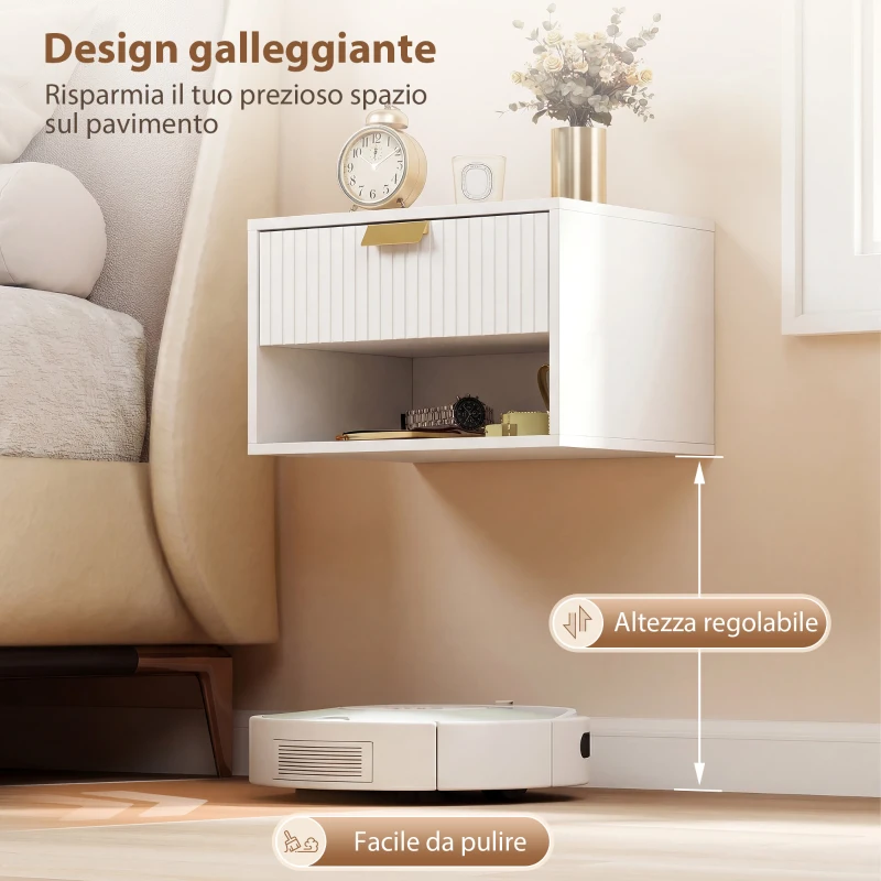 HOMCOM Set di 2 Comodini Sospesi con Cassetto Decorato e Mensola Aperta, Bianco