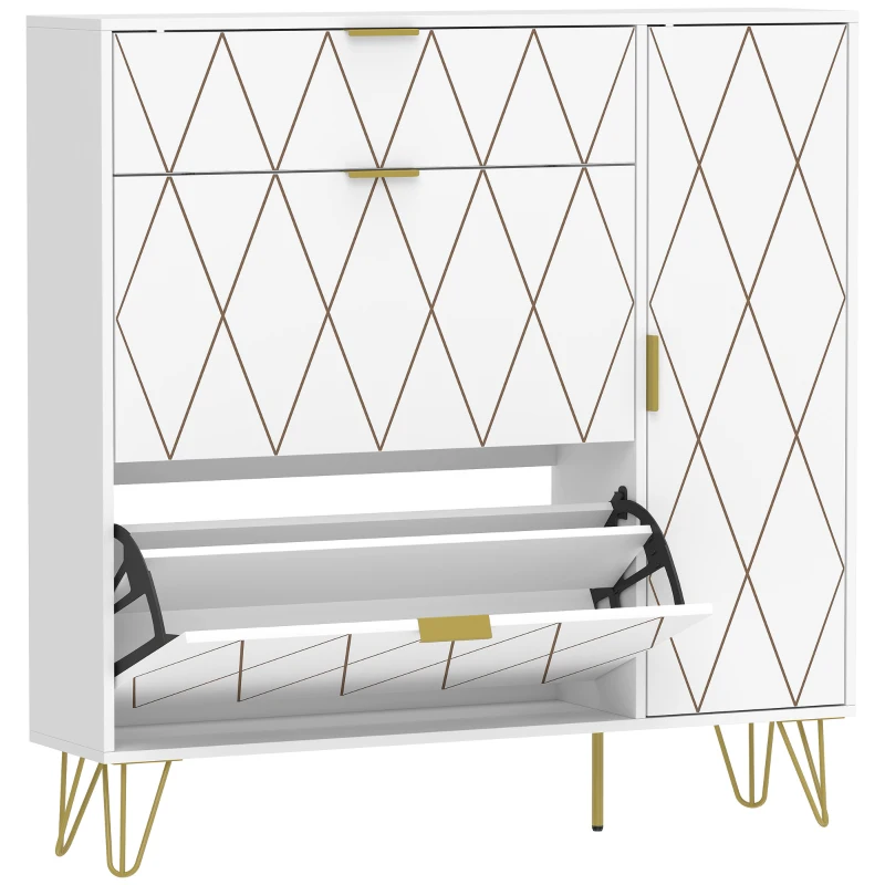 HOMCOM Meuble à chaussures moderne avec 2 tiroirs basculants, armoire et étagères réglables pour 10-14 paires de chaussures, blanc