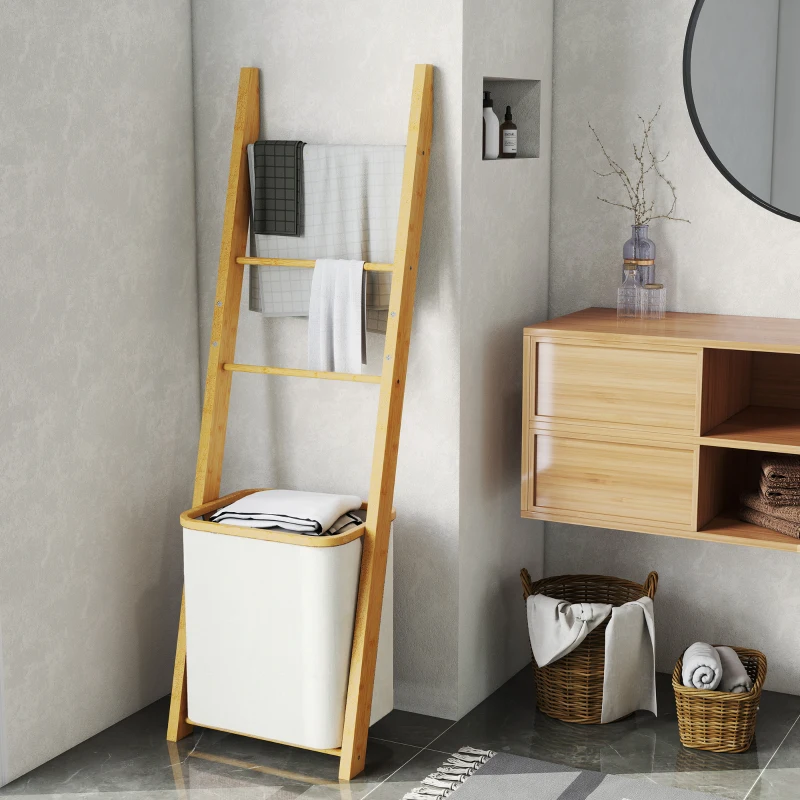 HOMCOM Badrek, 2-in-1 badkamerrek met 3 stangen, afneembare 48L-wasmand, Bamboe, 43 x 35 x 133 cm, Crèmewit