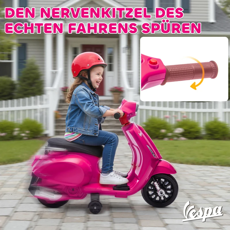AIYAPLAY Elektro Motorrad Kinder Vespa 6V Elektromotorrad mit Stützrädern, Scheinwerfer, Hupe für 2-6 Jahre 71 x 37 x 52 cm Rosa
