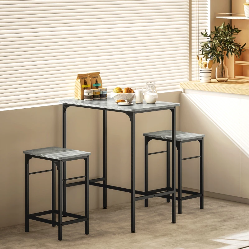 HOMCOM Ensemble table de bar avec 2 tabourets, cadre en acier pour cuisine, salle à manger et salon, gris