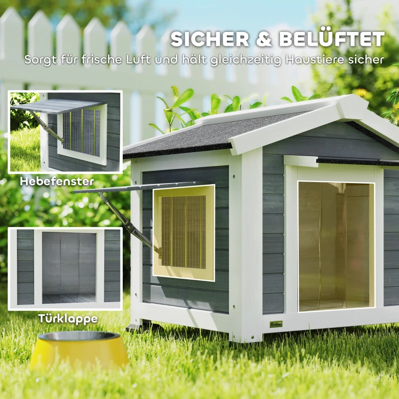 PawHut Hundehütte wetterfestes Hundehaus aus Holz mit herausnehmbarem Boden Asphaltdach öffnendem Fenster 98x76x69,5 cm Grau