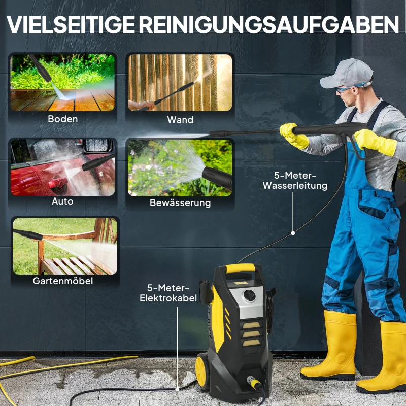 Outsunny Hochdruckreiniger mit Aluminiumpumpe 135 bar Maximaldruck 1800W Leistung 540 L/h 5m Schlauch verstellbare Düse & Griffe