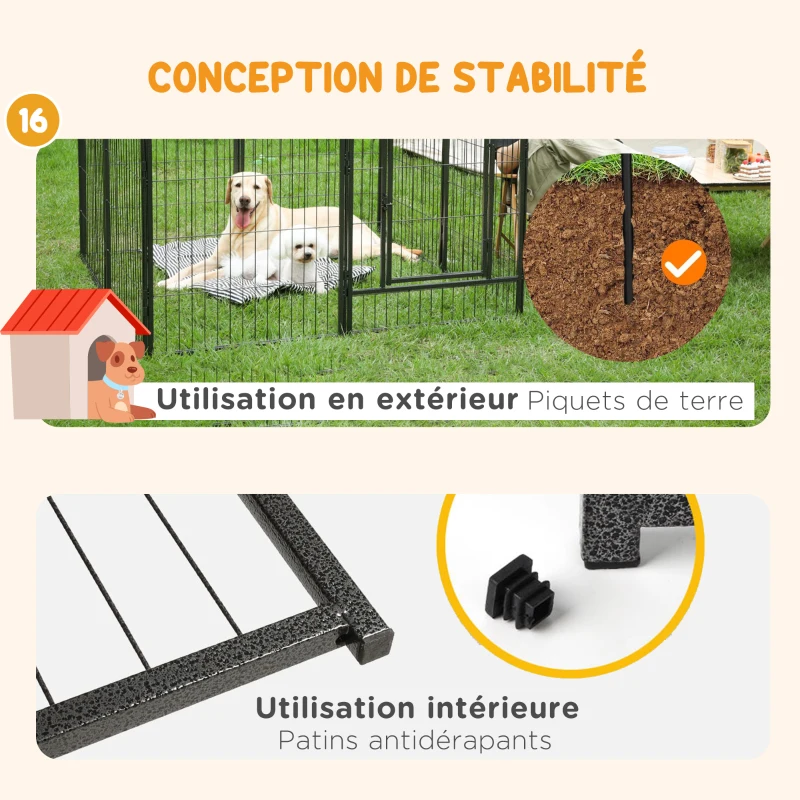 PawHut Parc pour chien, enclos chien 16 panneaux modulable et pliable, portable en acier avec portes 80 x 60 gris