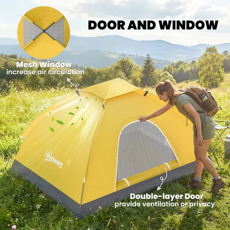Outsunny 2 Person Camping Tent, Dome Tent with Zipped Doors, Storage Pocket, Portable Handy Bag, Yellow