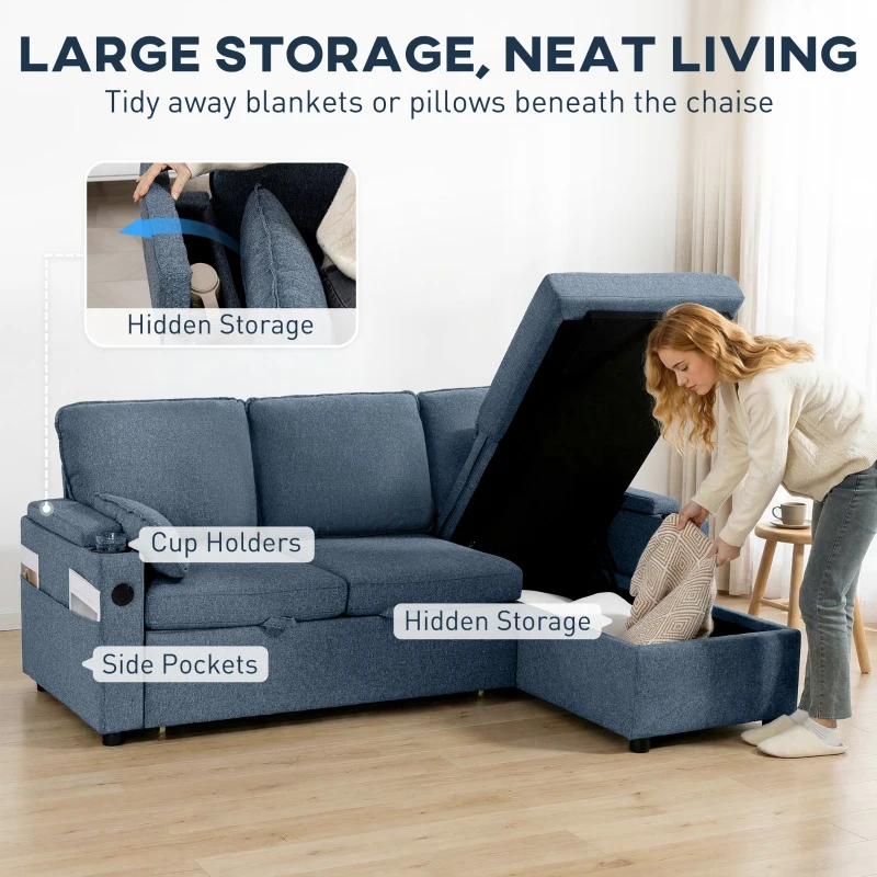 HOMCOM Corner Sofa Bed, L Shaped Sleeper Sectional Sofa with Reversible Storage Chaise, Blue
