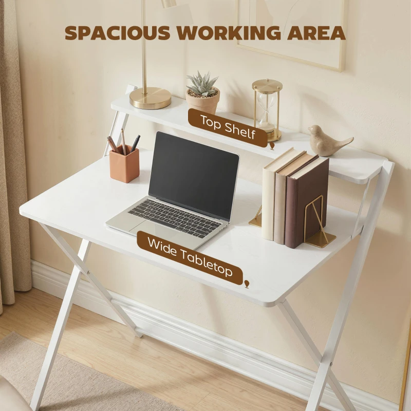 HOMCOM Compact Folding Desk for Small Spaces with Storage Shelf for Home Office, White