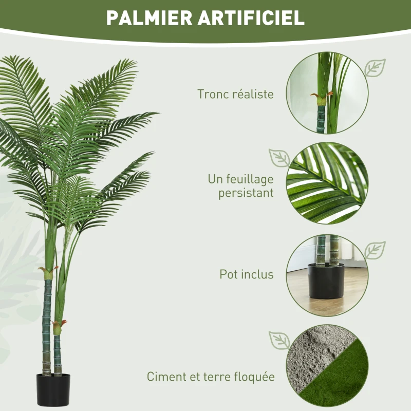 HOMCOM Plante artificielle intérieure 180 cm, palmier Areca arbre artificiel avec pot en plastique et flocage, vert