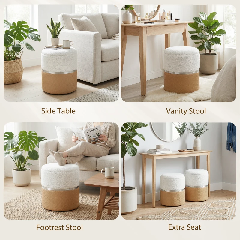HOMCOM Nesting Round Ottoman with Storage Set of 2 - Cream/Brown