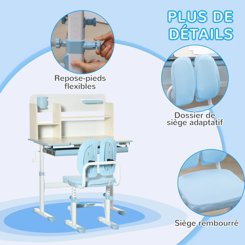 HOMCOM Ensemble bureau et chaise pour enfants hauteur réglable et plateau inclinable 0-60° table 80 x 52 x 88-109 cm bleu