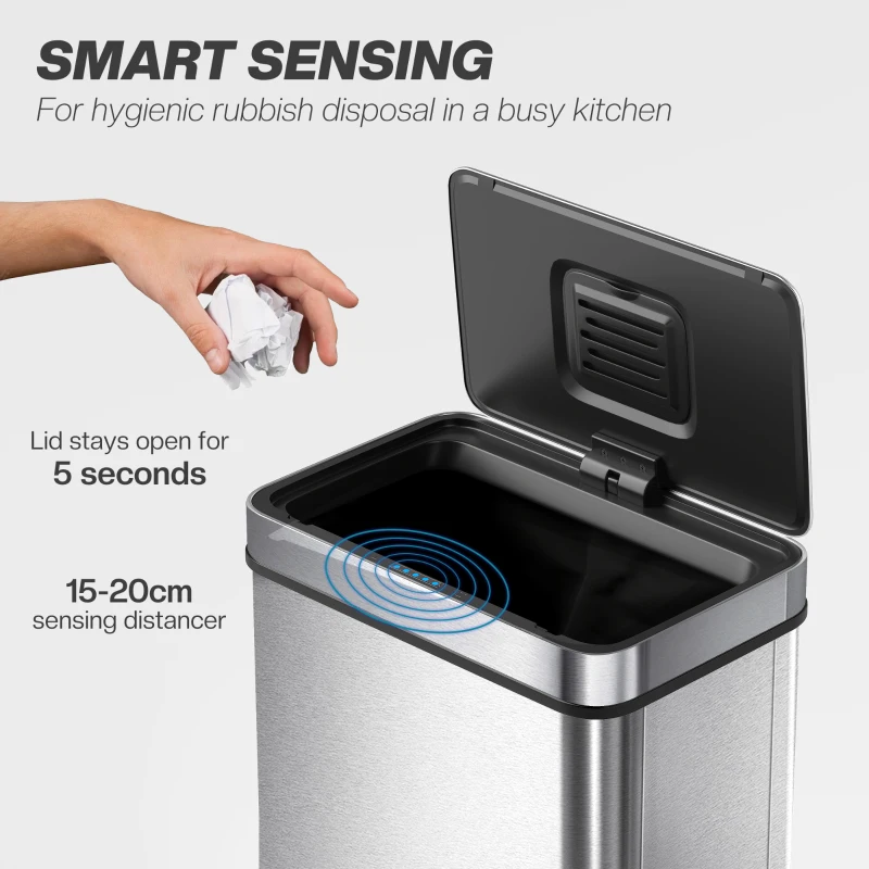 HOMCOM 50 L Sensor Can,  Sensor Bin with Soft-Close Lid, Fingerprint-Proof Stainless Steel, Silver Tone