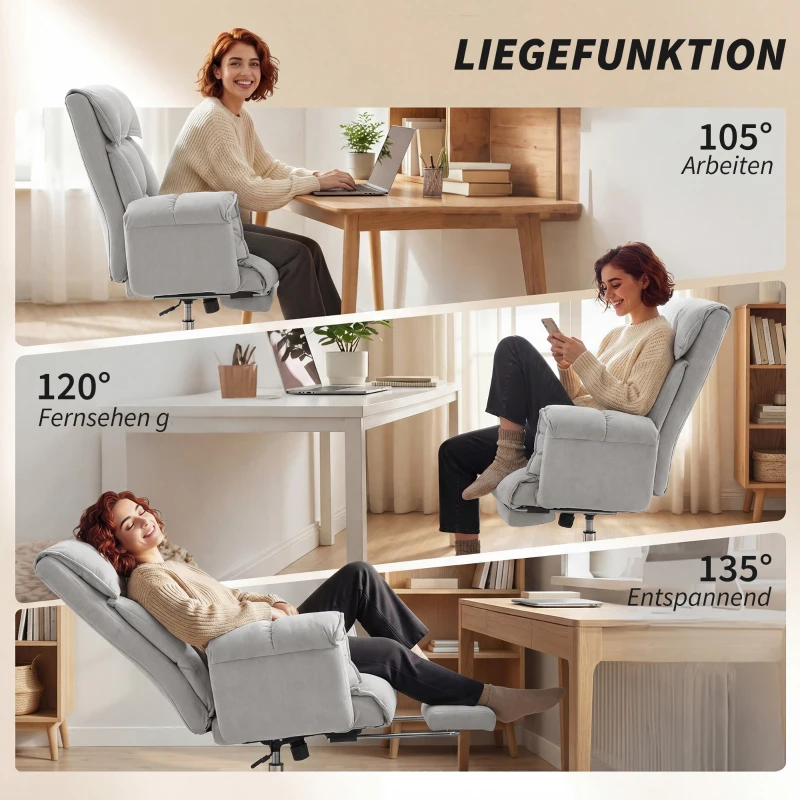 HOMCOM Bürostuhl Neigbar Höhenverstellbar Schreibtischstuhl mit Armlehne Fußstütze hoher Rückenlehne 75 x 77 x 110-118 cm Grau