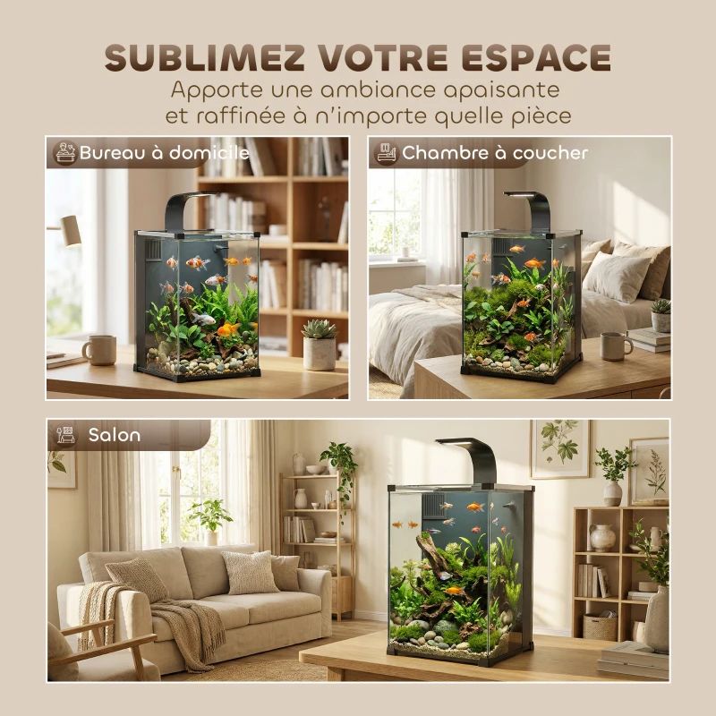 PawHut Aquarium en Verre Trempé Nano Aquarium avec Filtre Intégré Pompe 5W et Éclairage LED 30x30x45cm Noir