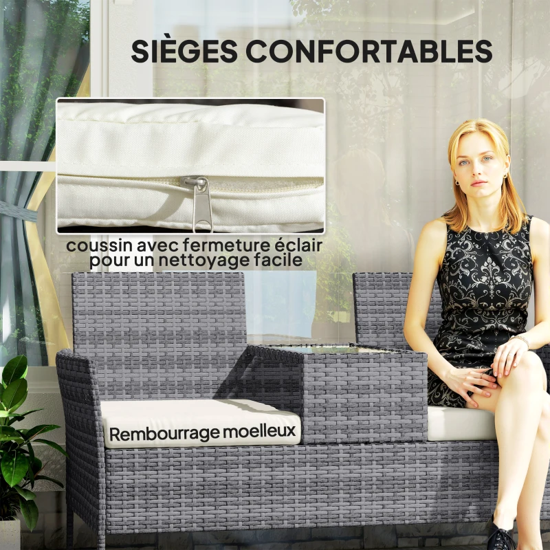 Outsunny Banc de Jardin en résine tressée 2 Places avec Table et Coussins - 135 x 64 x 81 cm - pour Balcon et Terrasse Noir